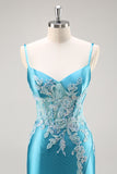Blue Corset Appliqued Satin Mermaid Beaded Maxi Prom Dress with Slit