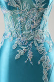 Blue Corset Appliqued Satin Mermaid Beaded Maxi Prom Dress with Slit