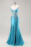 Blue Corset Appliqued Satin Mermaid Beaded Maxi Prom Dress with Slit