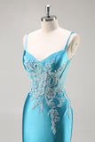 Blue Corset Appliqued Satin Mermaid Beaded Maxi Prom Dress with Slit