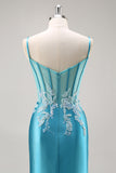 Blue Corset Appliqued Satin Mermaid Beaded Maxi Prom Dress with Slit