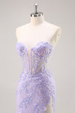 Sparkly Lilac Tulle Appliqued Corset Maxi Prom Dress with Sequins