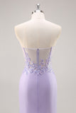 Sparkly Lilac Tulle Appliqued Corset Maxi Prom Dress with Sequins