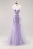 Sparkly Lilac Tulle Appliqued Corset Maxi Prom Dress with Sequins