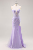 Sparkly Lilac Tulle Appliqued Corset Maxi Prom Dress with Sequins