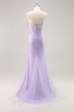 Sparkly Lilac Tulle Appliqued Corset Maxi Prom Dress with Sequins