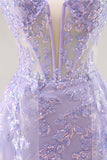 Sparkly Lilac Tulle Appliqued Corset Maxi Prom Dress with Sequins