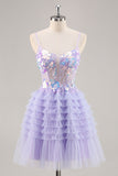 Sparkly Purple Floral Corset Tiered Short Prom Dress with Sequins