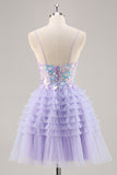 Sparkly Purple Floral Corset Tiered Short Prom Dress with Sequins