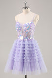 Sparkly Purple Floral Corset Tiered Short Prom Dress with Sequins