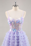 Sparkly Purple Floral Corset Tiered Short Prom Dress with Sequins