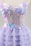 Sparkly Purple Floral Corset Tiered Short Prom Dress with Sequins