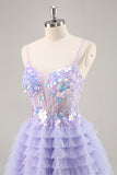 Sparkly Purple Floral Corset Tiered Short Prom Dress with Sequins