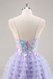 Sparkly Purple Floral Corset Tiered Short Prom Dress with Sequins