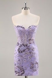Sparkly Purple Corset Sequin Floral Mini Prom Dress with Beading