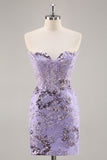 Sparkly Purple Corset Sequin Floral Mini Prom Dress with Beading