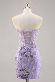 Sparkly Purple Corset Sequin Floral Mini Prom Dress with Beading