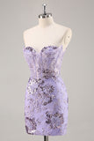 Sparkly Purple Corset Sequin Floral Mini Prom Dress with Beading