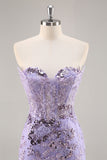 Sparkly Purple Corset Sequin Floral Mini Prom Dress with Beading