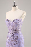 Sparkly Purple Corset Sequin Floral Mini Prom Dress with Beading