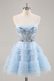 Sparkly Blue Corset Floral A Line Short Prom Dress with Beading
