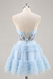 Sparkly Blue Corset Floral A Line Short Prom Dress with Beading