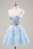 Sparkly Blue Corset Floral A Line Short Prom Dress with Beading