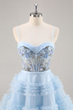 Sparkly Blue Corset Floral A Line Short Prom Dress with Beading