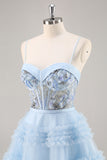 Sparkly Blue Corset Floral A Line Short Prom Dress with Beading