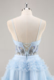 Sparkly Blue Corset Floral A Line Short Prom Dress with Beading