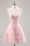 Sparkly Pink Corset Sweetheart Short Floral Prom Dress with Sequins