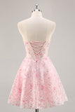 Sparkly Pink Corset Sweetheart Short Floral Prom Dress with Sequins