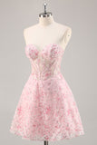 Sparkly Pink Corset Sweetheart Short Floral Prom Dress with Sequins