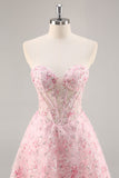 Sparkly Pink Corset Sweetheart Short Floral Prom Dress with Sequins