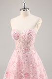 Sparkly Pink Corset Sweetheart Short Floral Prom Dress with Sequins