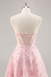 Sparkly Pink Corset Sweetheart Short Floral Prom Dress with Sequins