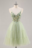 Green Floral Corset A Line Tulle Short Prom Dress with Appliques