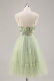 Green Floral Corset A Line Tulle Short Prom Dress with Appliques
