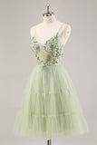 Green Floral Corset A Line Tulle Short Prom Dress with Appliques
