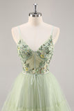 Green Floral Corset A Line Tulle Short Prom Dress with Appliques