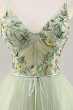 Green Floral Corset A Line Tulle Short Prom Dress with Appliques