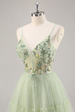 Green Floral Corset A Line Tulle Short Prom Dress with Appliques