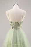 Green Floral Corset A Line Tulle Short Prom Dress with Appliques
