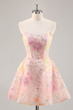 Sparkly Pink Corset Floral Sequins Short Prom Dress with Beading