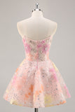 Sparkly Pink Corset Floral Sequins Short Prom Dress with Beading