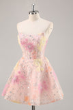 Sparkly Pink Corset Floral Sequins Short Prom Dress with Beading