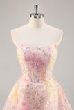 Sparkly Pink Corset Floral Sequins Short Prom Dress with Beading