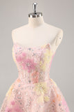 Sparkly Pink Corset Floral Sequins Short Prom Dress with Beading