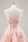 Sparkly Pink Corset Floral Sequins Short Prom Dress with Beading