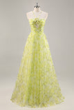 Yellow Green Floral Ruched Tulle Keyhole Maxi Prom Dress